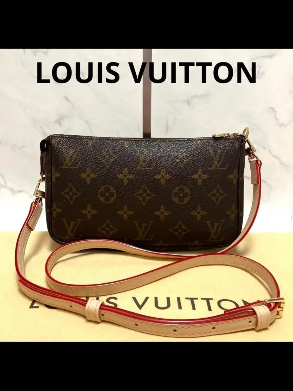 Louis Vuitton Brown Monogram Crossbody Pochette with Red-Trim Strap
